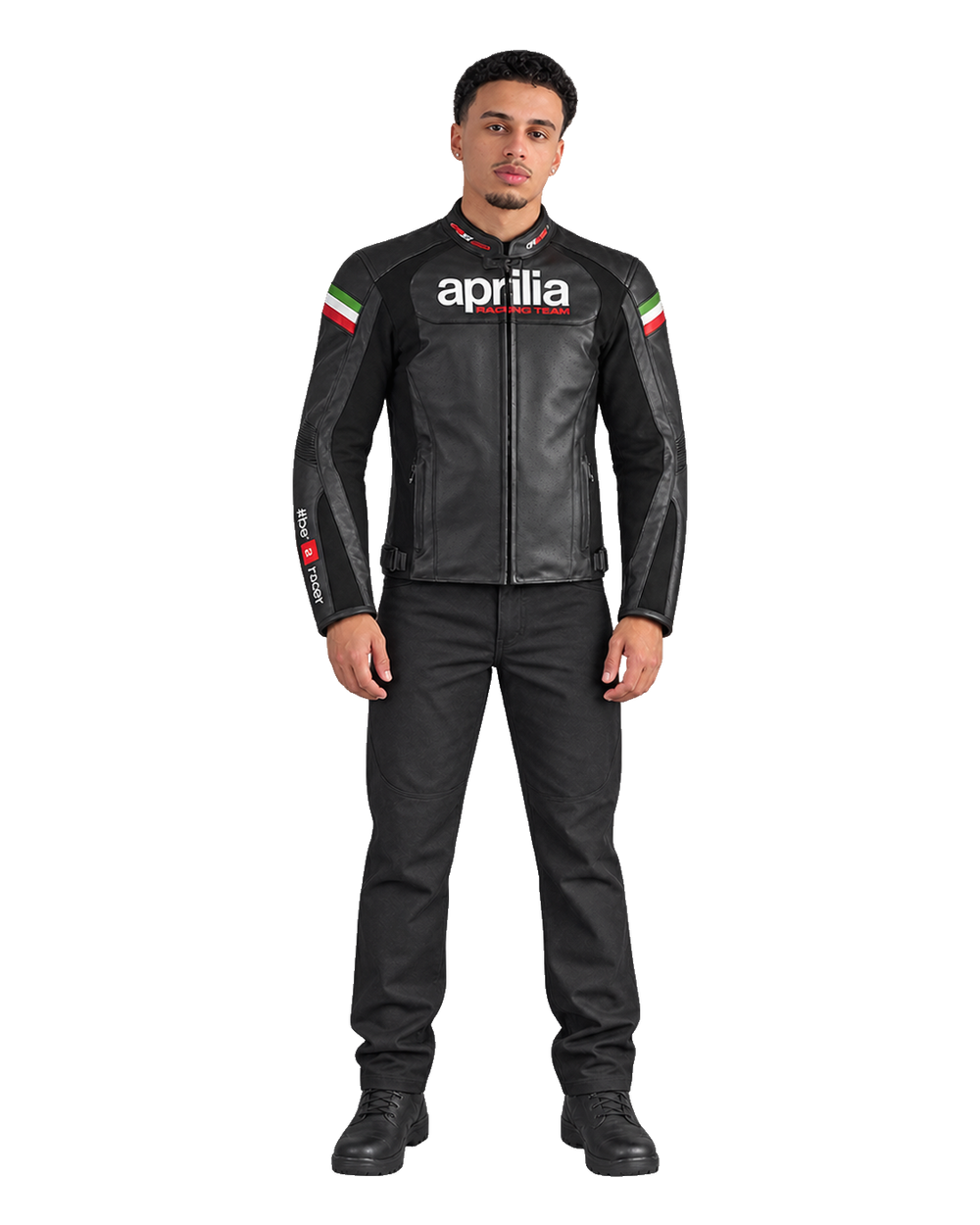 Customized Motorcycle Leather Jacket - ZMJ-013 front view on male model transparent background, centered cutout