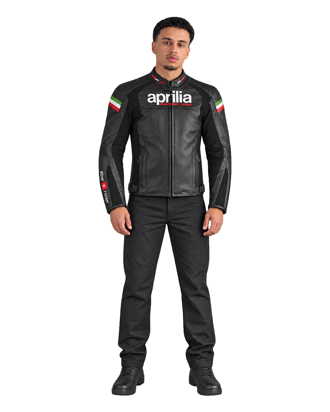 Customized Motorcycle Leather Jacket - ZMJ-013 front view on male model transparent background, centered cutout