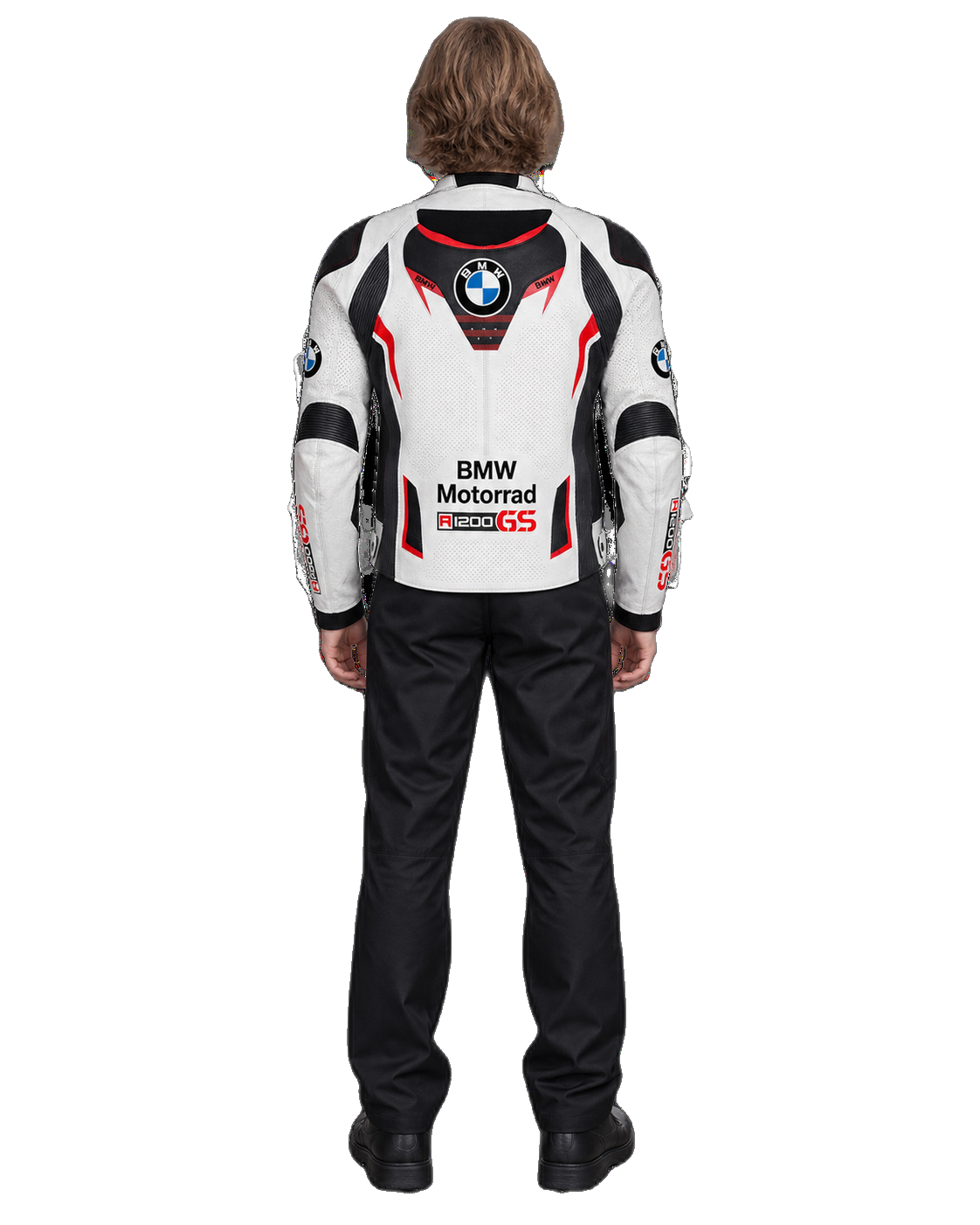 Customized Motorcycle Leather Jacket - ZMJ-014 back view on male model transparent background, centered cutout