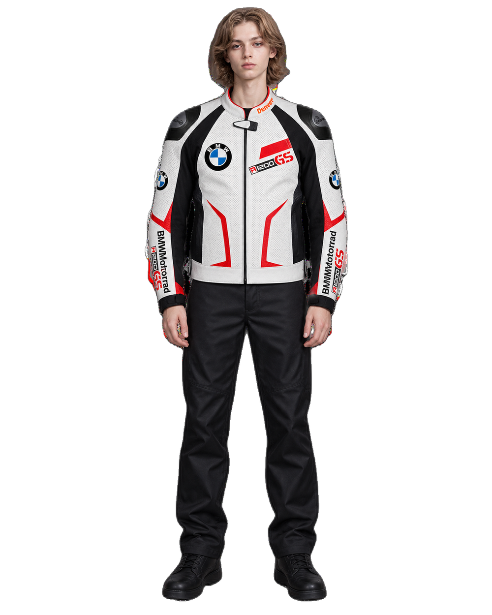 Customized Motorcycle Leather Jacket - ZMJ-014 front view on male model transparent background, centered cutout