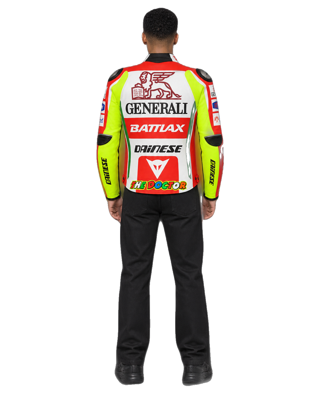 Customized Motorcycle Leather Jacket - ZMJ-015 back view on male model transparent background, centered cutout