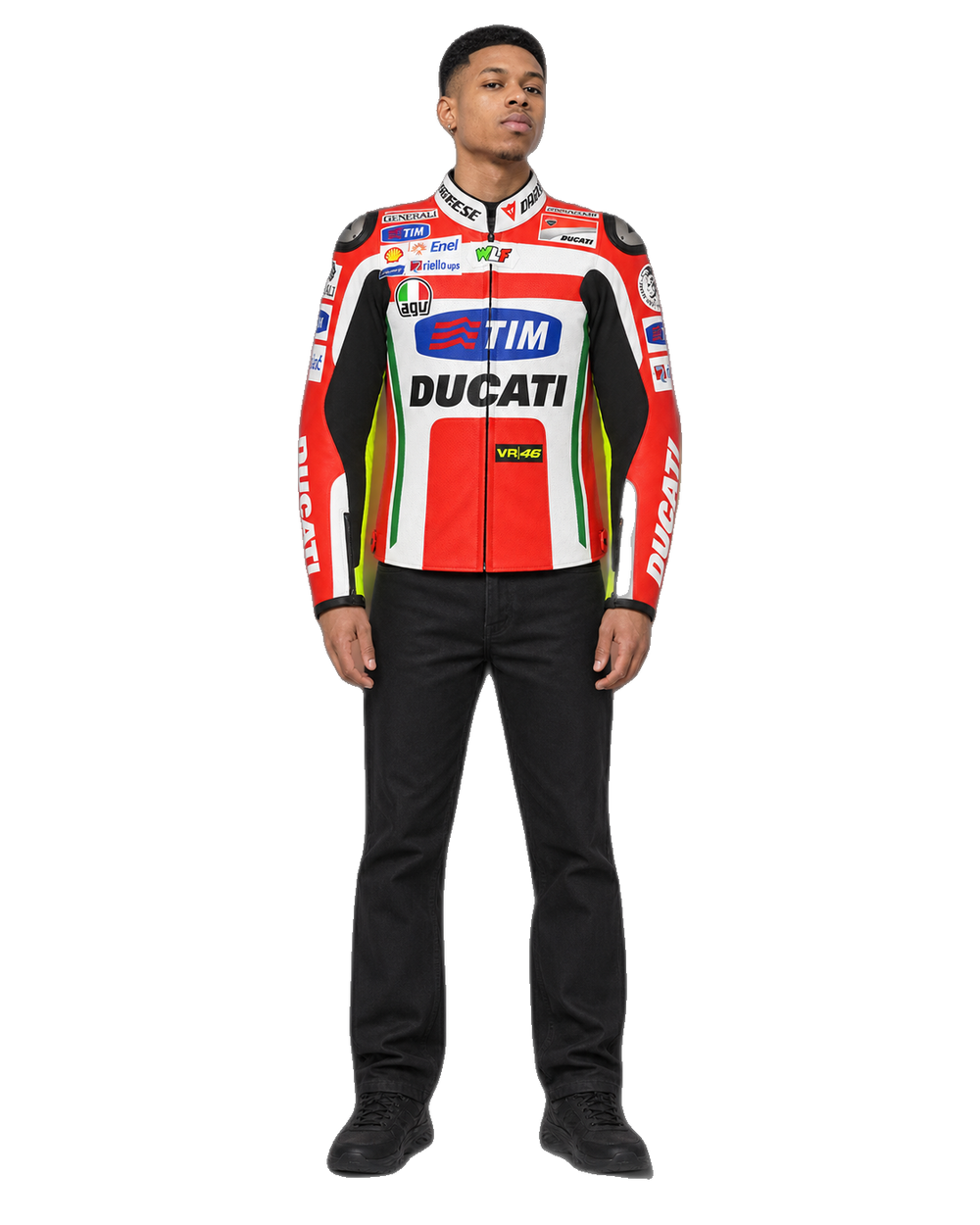 Customized Motorcycle Leather Jacket - ZMJ-015 front view on male model transparent background, centered cutout
