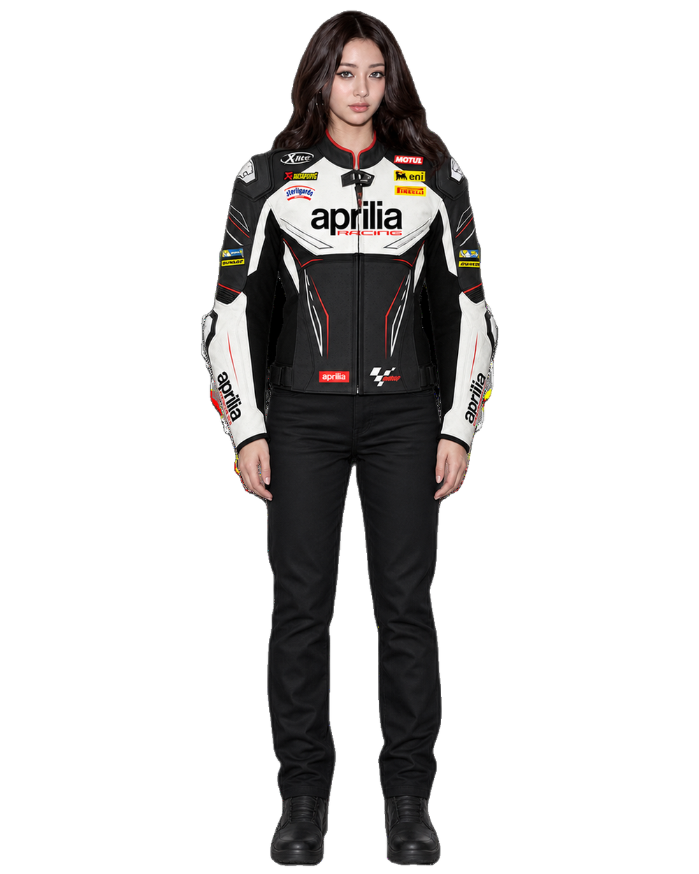 Customized Motorcycle Leather Jacket - ZMJ-016 front view on male model transparent background, centered cutout