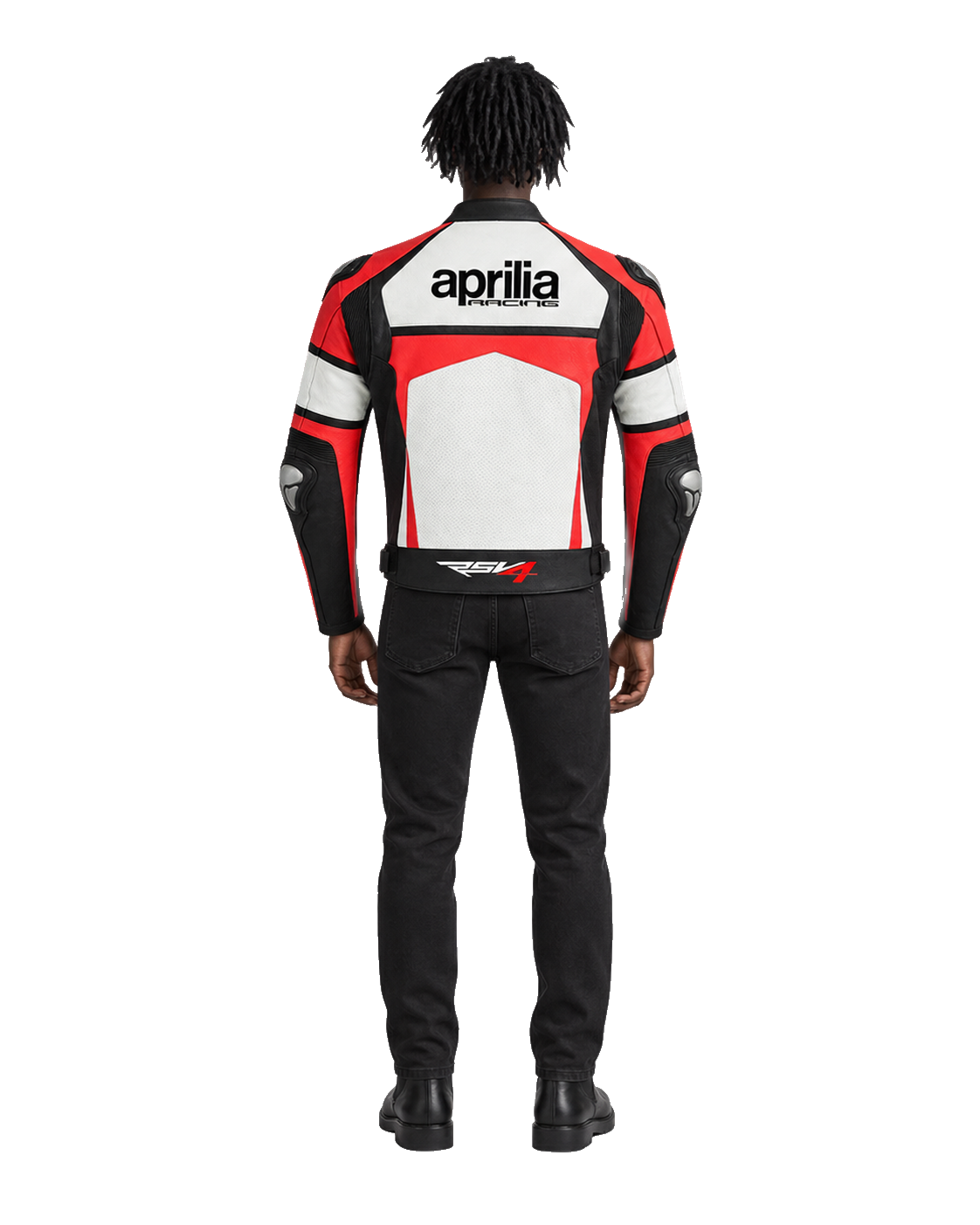 Customized Motorcycle Leather Jacket - ZMJ-017 back view on male model transparent background, centered cutout
