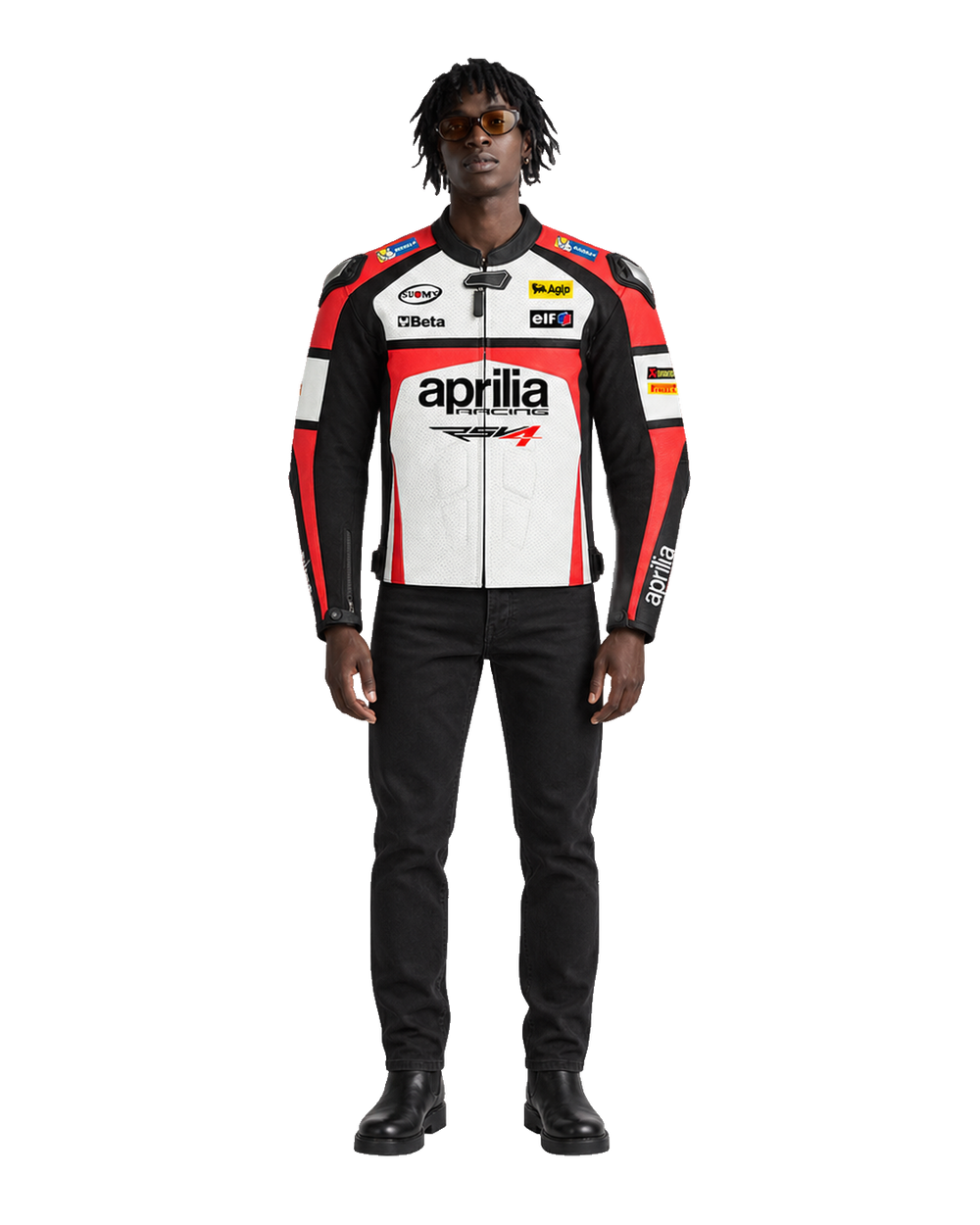 Customized Motorcycle Leather Jacket - ZMJ-017 front view on male model transparent background, centered cutout