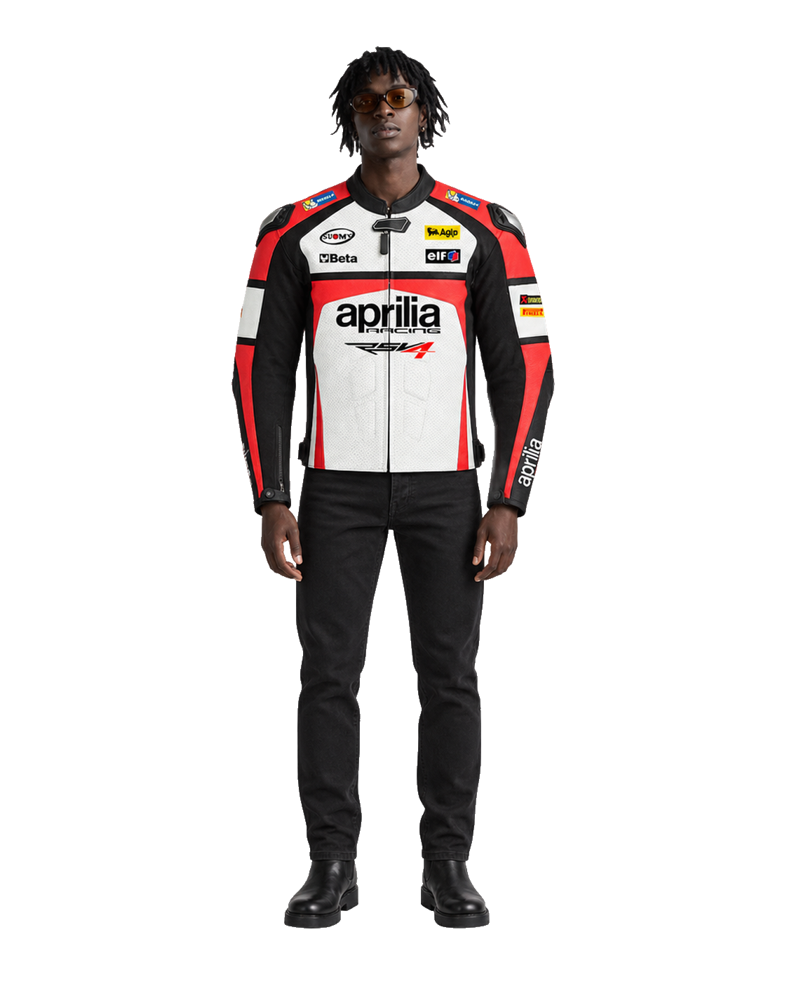Customized Motorcycle Leather Jacket - ZMJ-017 front view on male model transparent background, centered cutout