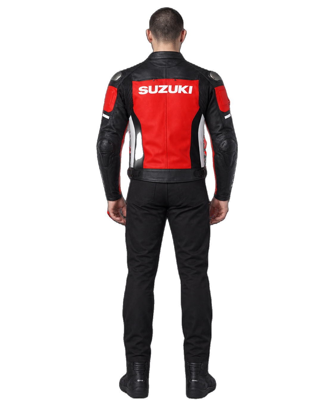 Customized Motorcycle Leather Jacket - ZMJ-018 back view on male model against transparent background with clean under-sleeve gaps