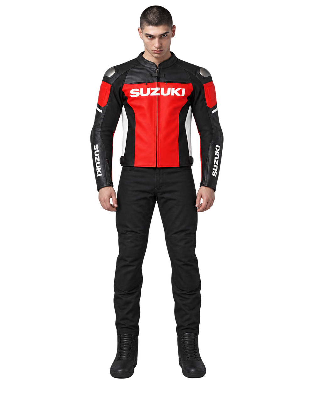 Customized Motorcycle Leather Jacket - ZMJ-018 front view on male model against transparent background with clean under-sleeve gaps
