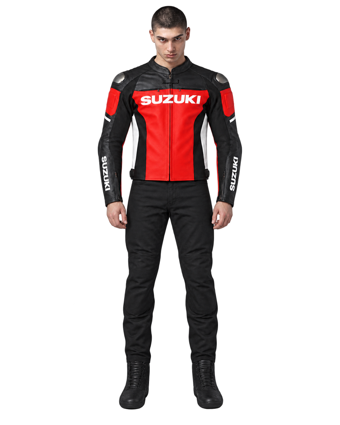 Customized Motorcycle Leather Jacket - ZMJ-018 front view on male model against transparent background with clean under-sleeve gaps