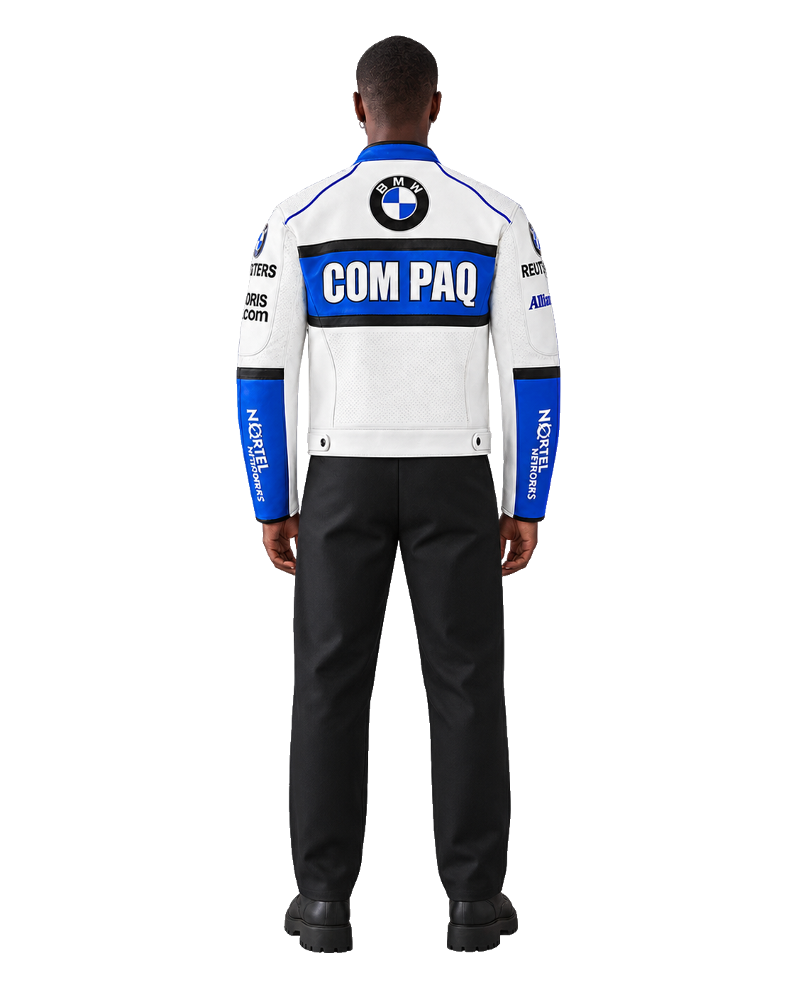 Customized Motorcycle Leather Jacket - ZMJ-019 back view on male model transparent background, centered cutout