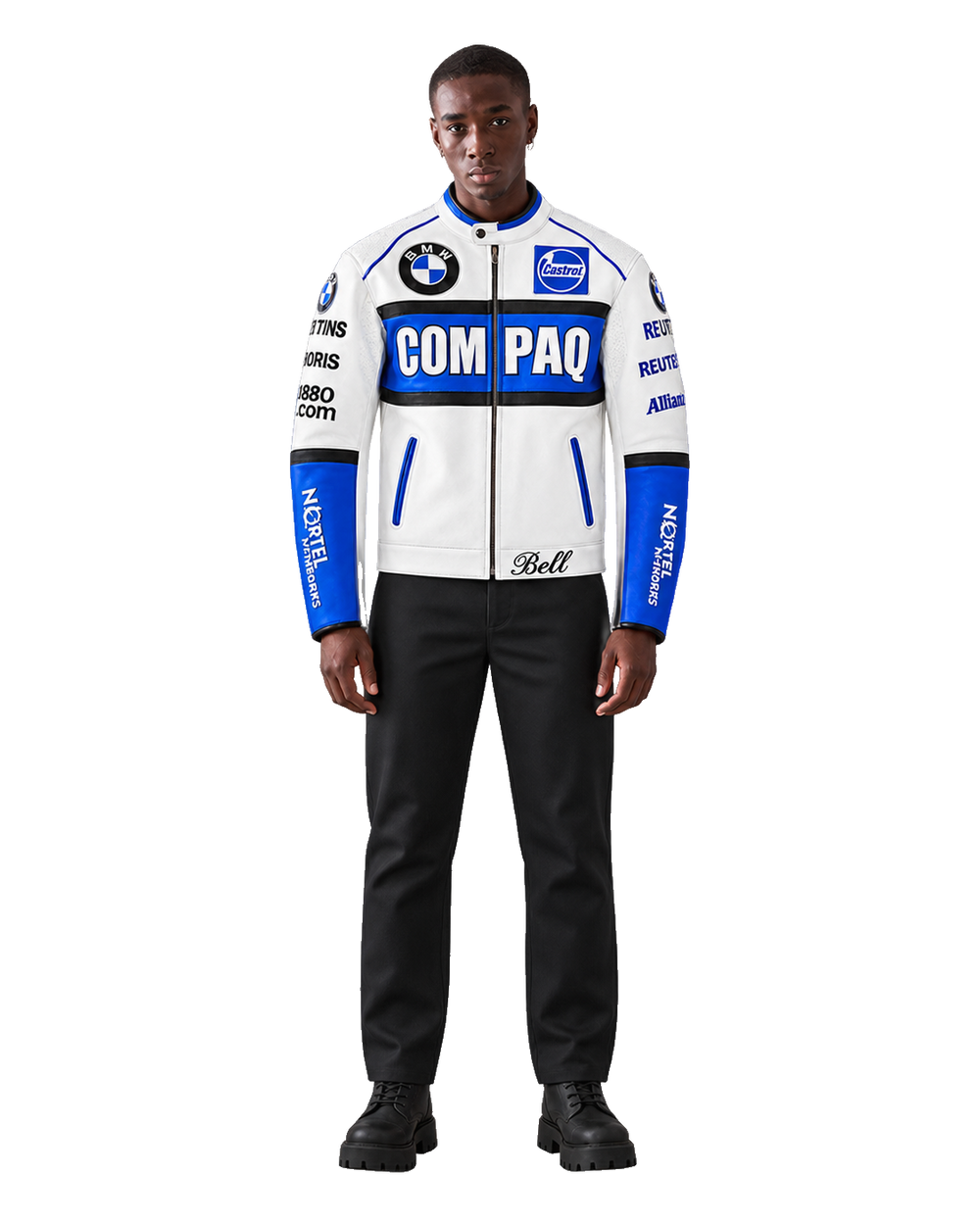 Customized Motorcycle Leather Jacket - ZMJ-019 front view on male model transparent background, centered cutout