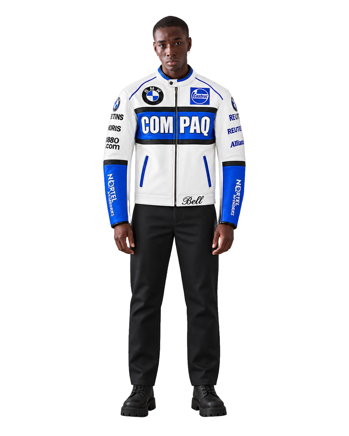 Customized Motorcycle Leather Jacket - ZMJ-019 front view on male model transparent background, centered cutout