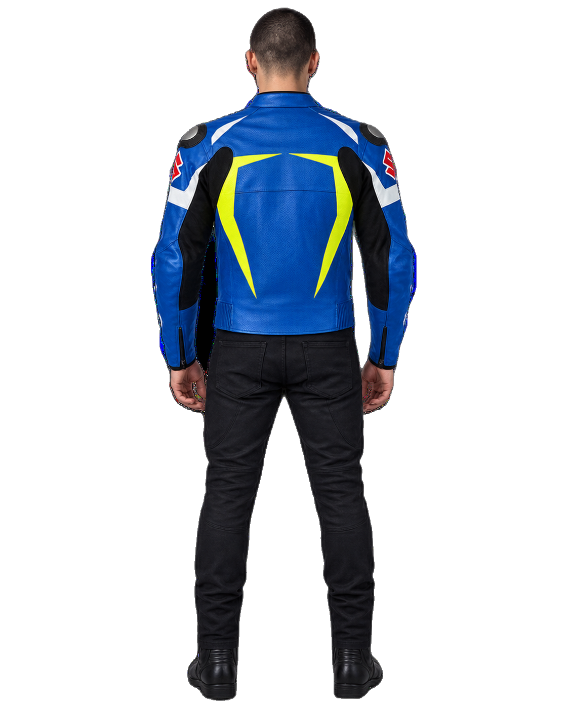 Customized Motorcycle Leather Jacket - ZMJ-020 back view on male model against transparent background with clean under-sleeve gaps