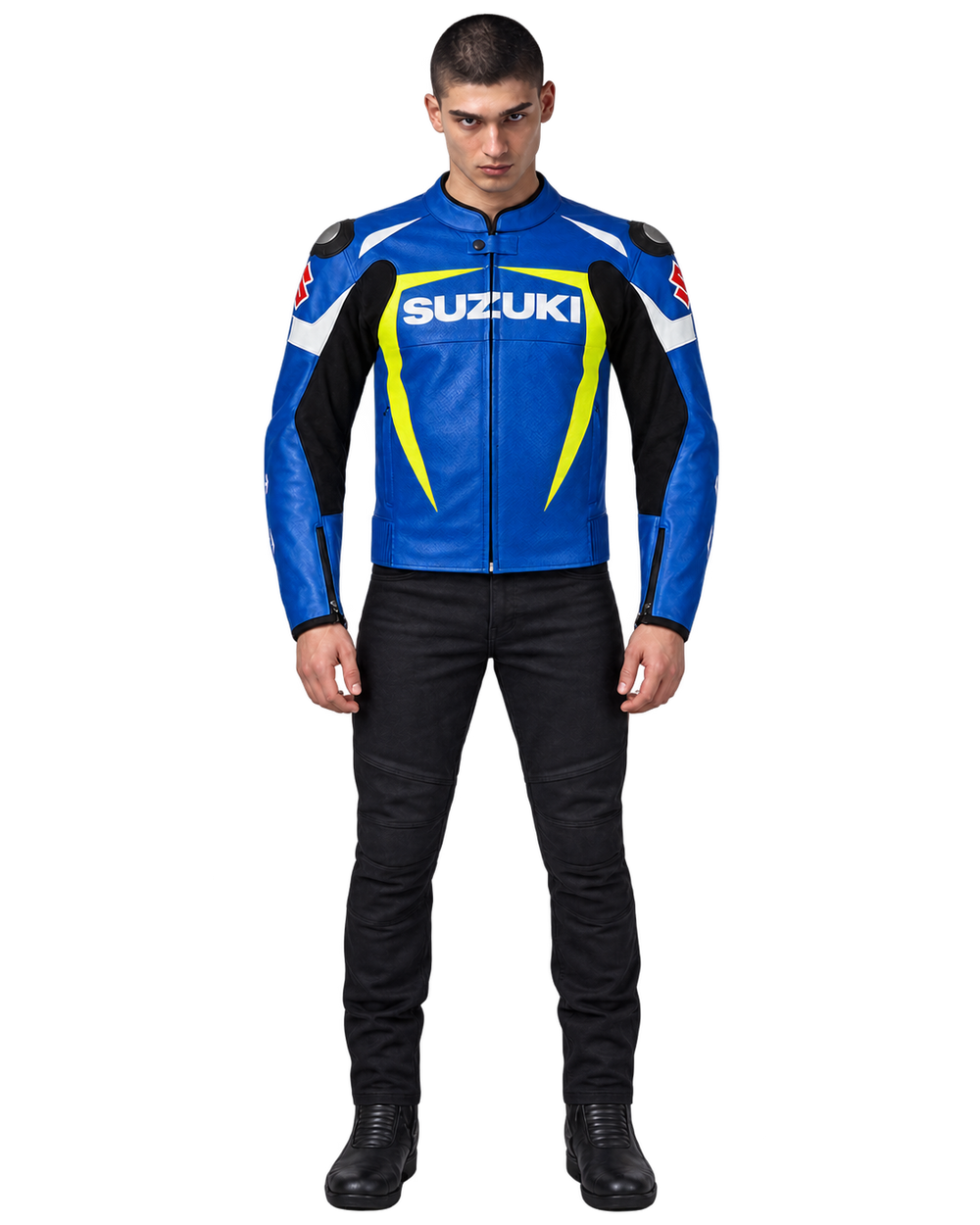 Customized Motorcycle Leather Jacket - ZMJ-020 front view on male model against transparent background with clean under-sleeve gaps