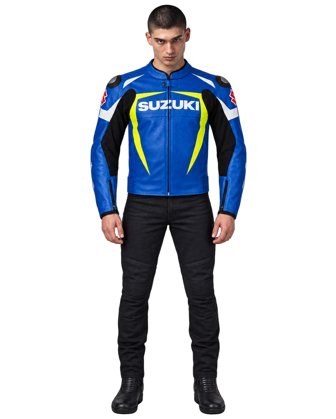 Customized Motorcycle Leather Jacket - ZMJ-020 front view on male model against transparent background with clean under-sleeve gaps