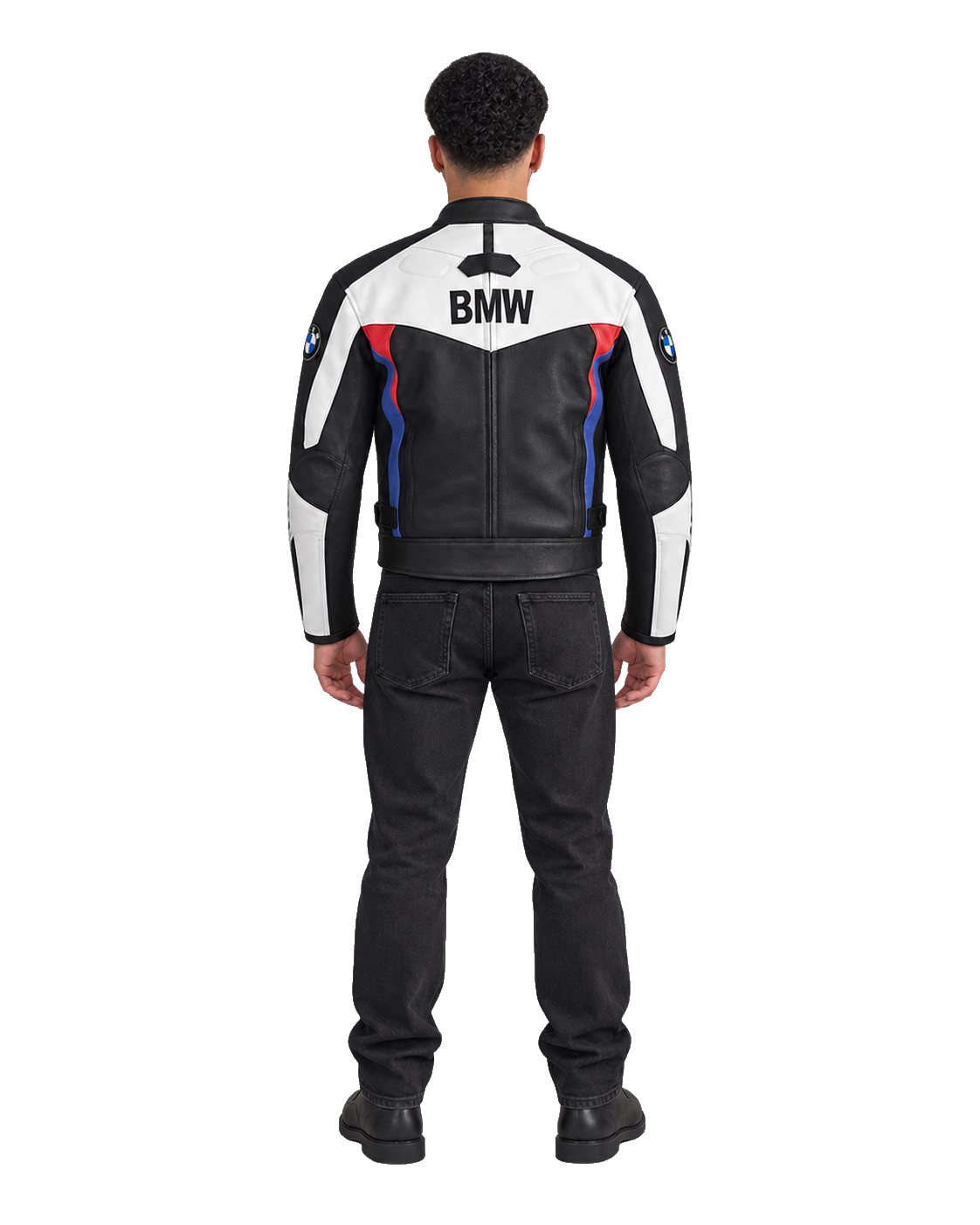 Customized Motorcycle Leather Jacket - ZMJ-021 back view on male model transparent background, centered cutout