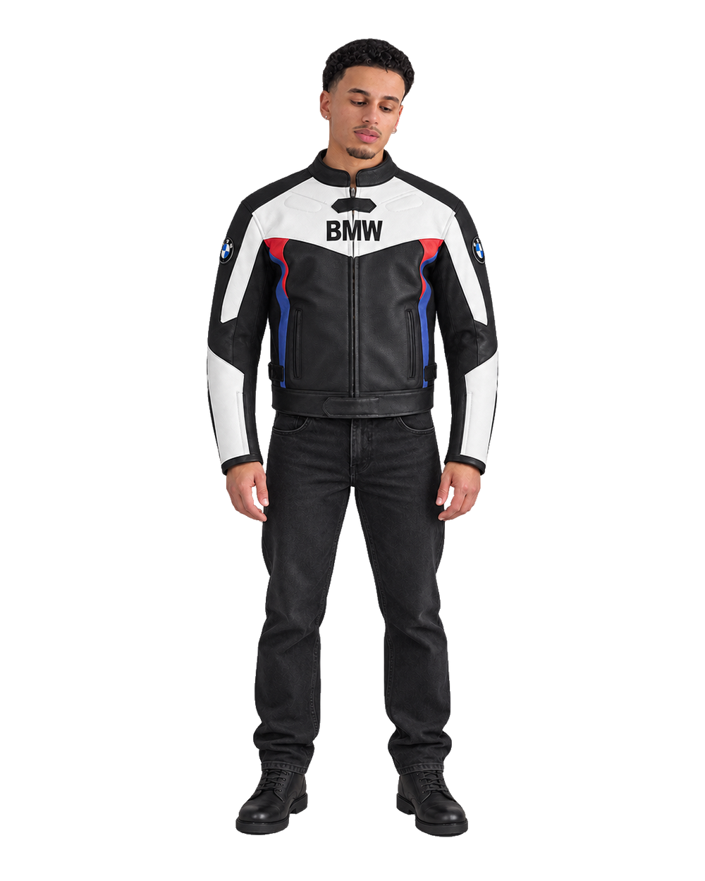 Customized Motorcycle Leather Jacket - ZMJ-021 front view on male model transparent background, centered cutout