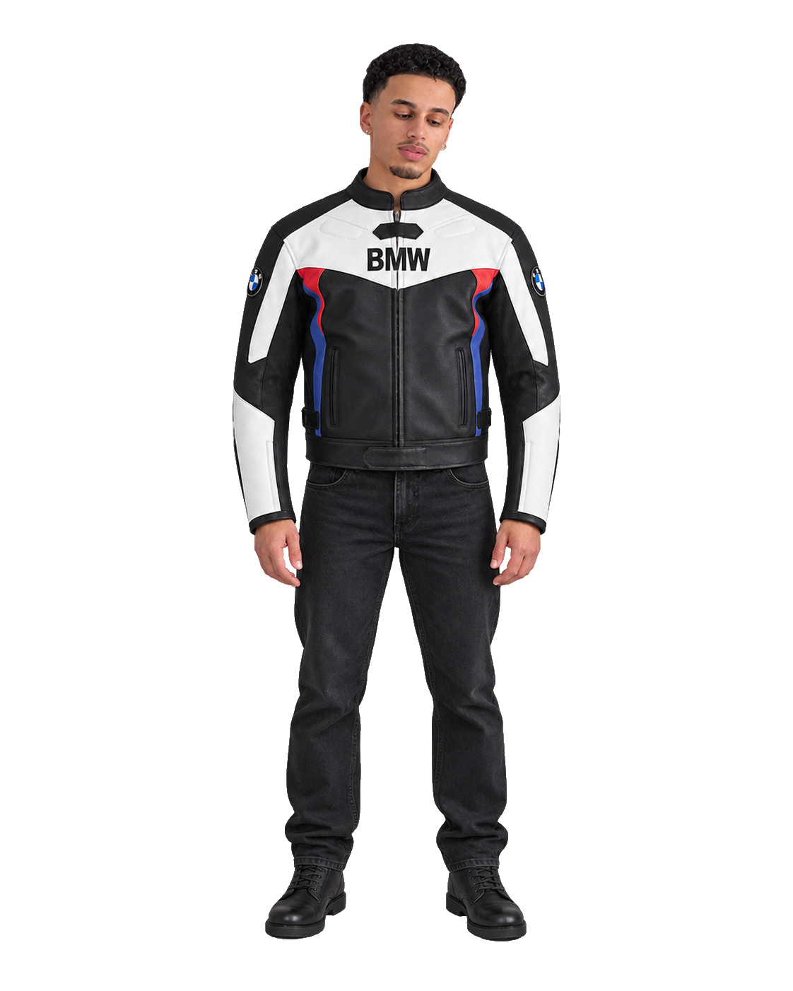 Customized Motorcycle Leather Jacket - ZMJ-021 front view on male model transparent background, centered cutout