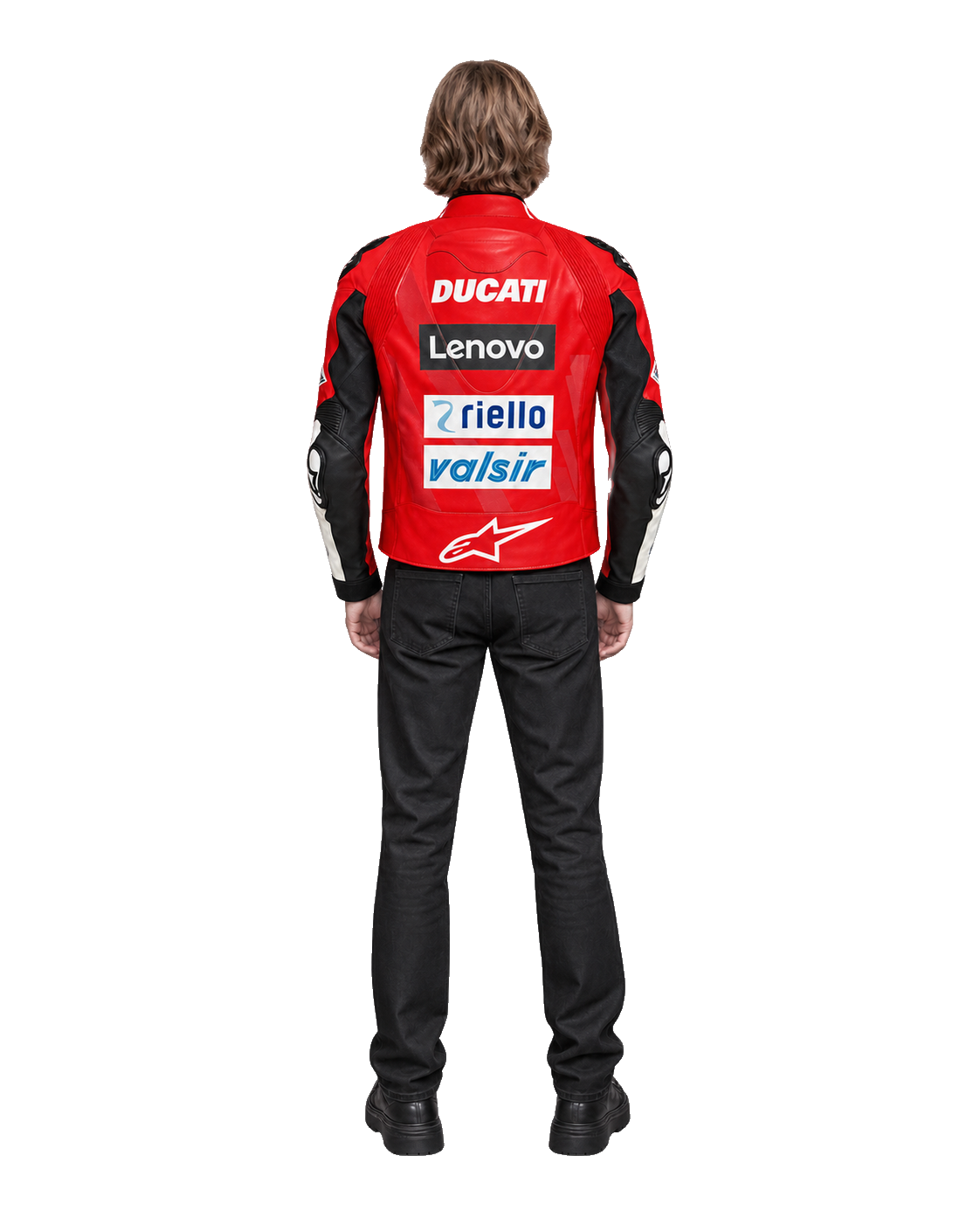 Customized Motorcycle Leather Jacket - ZMJ-022 back view on male model transparent background, centered cutout