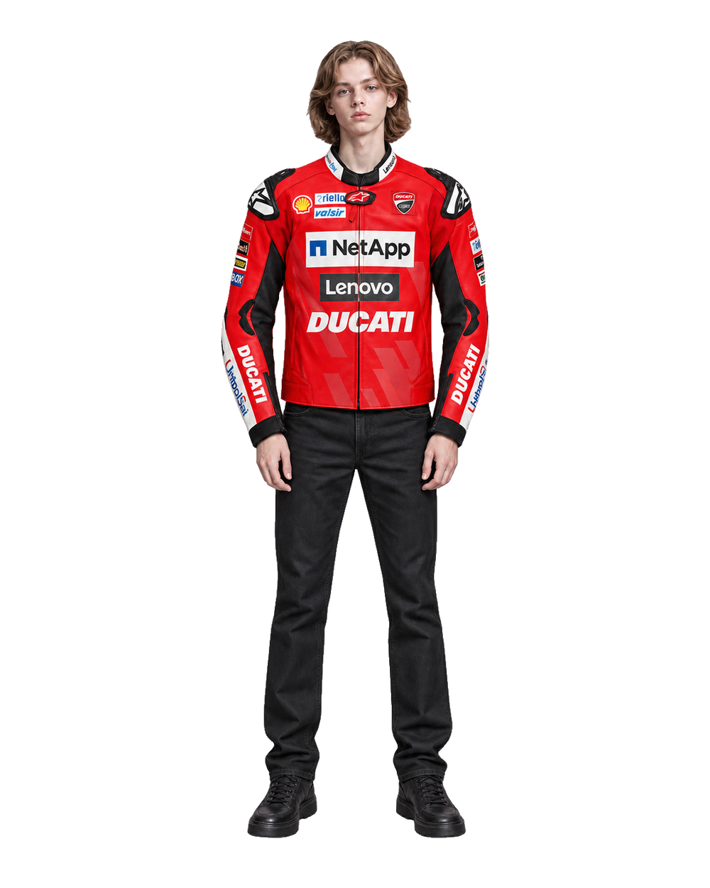 Customized Motorcycle Leather Jacket - ZMJ-022 front view on male model transparent background, centered cutout
