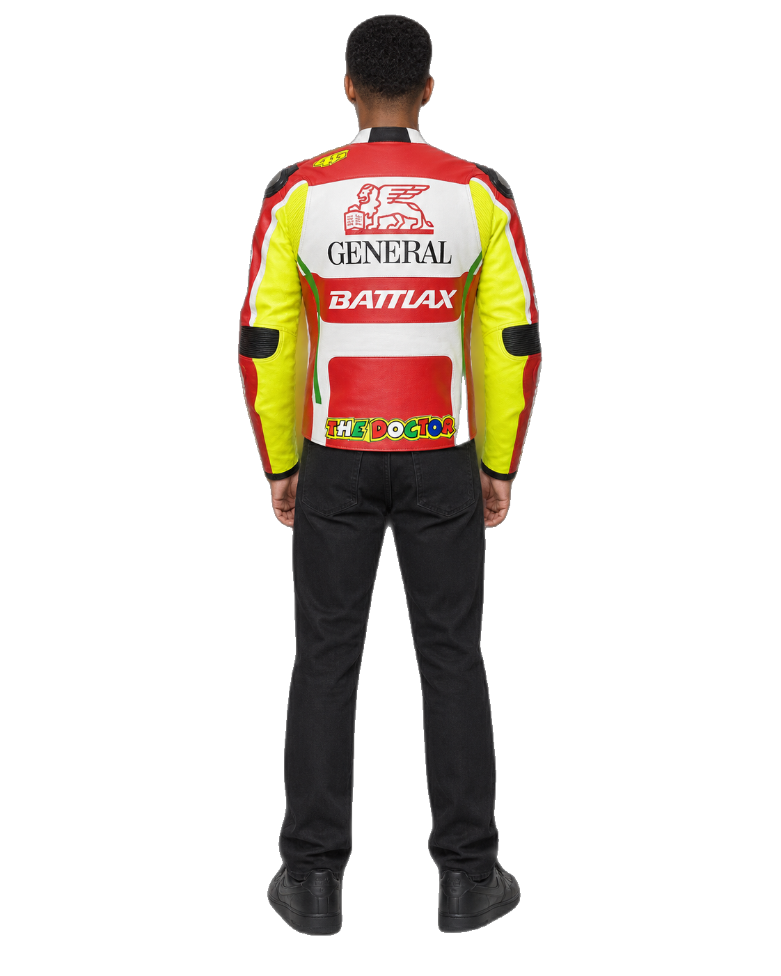 Customized Motorcycle Leather Jacket - ZMJ-023 back view on male model transparent background, centered cutout