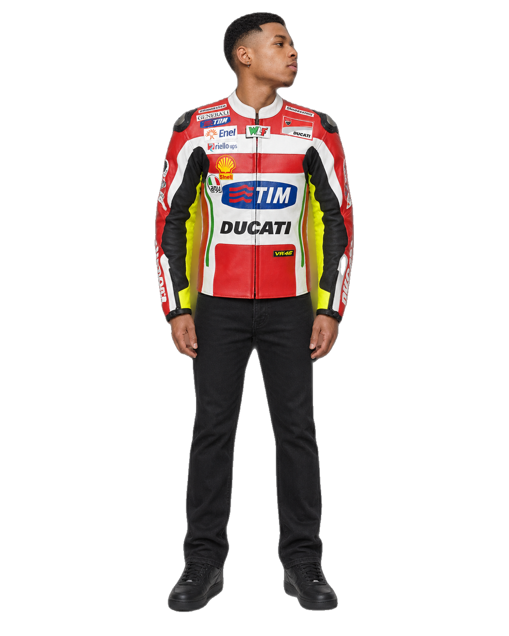 Customized Motorcycle Leather Jacket - ZMJ-023 front view on male model transparent background, centered cutout
