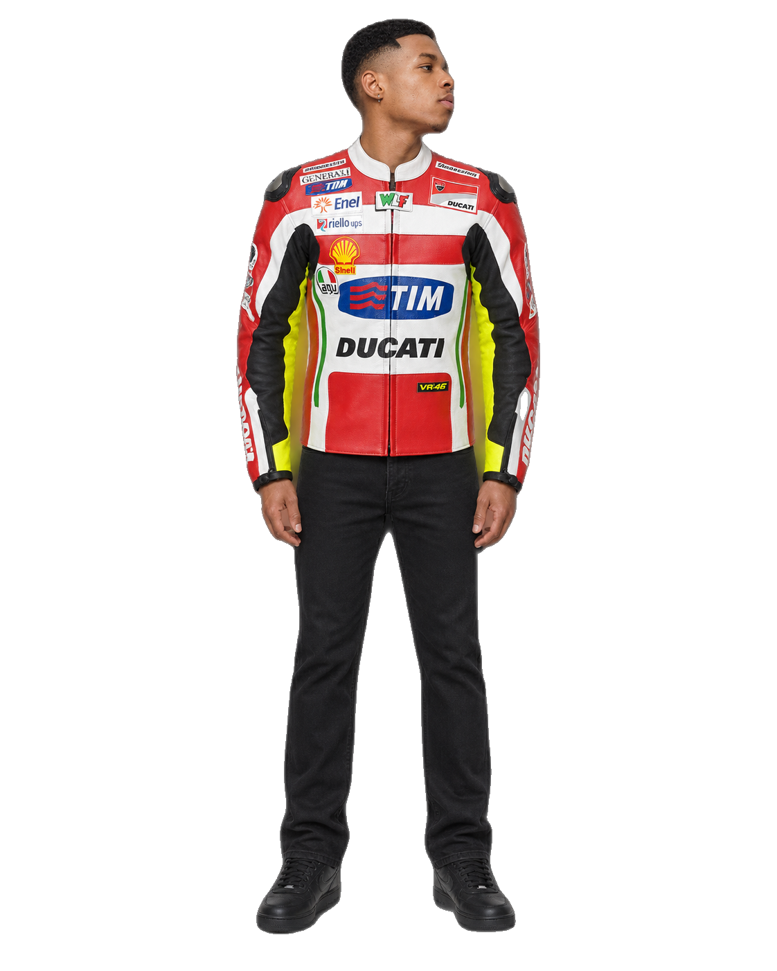 Customized Motorcycle Leather Jacket - ZMJ-023 front view on male model transparent background, centered cutout