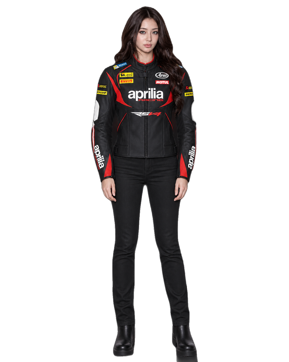 Customized Motorcycle Leather Jacket - ZMJ-024 front view on male model transparent background, centered cutout