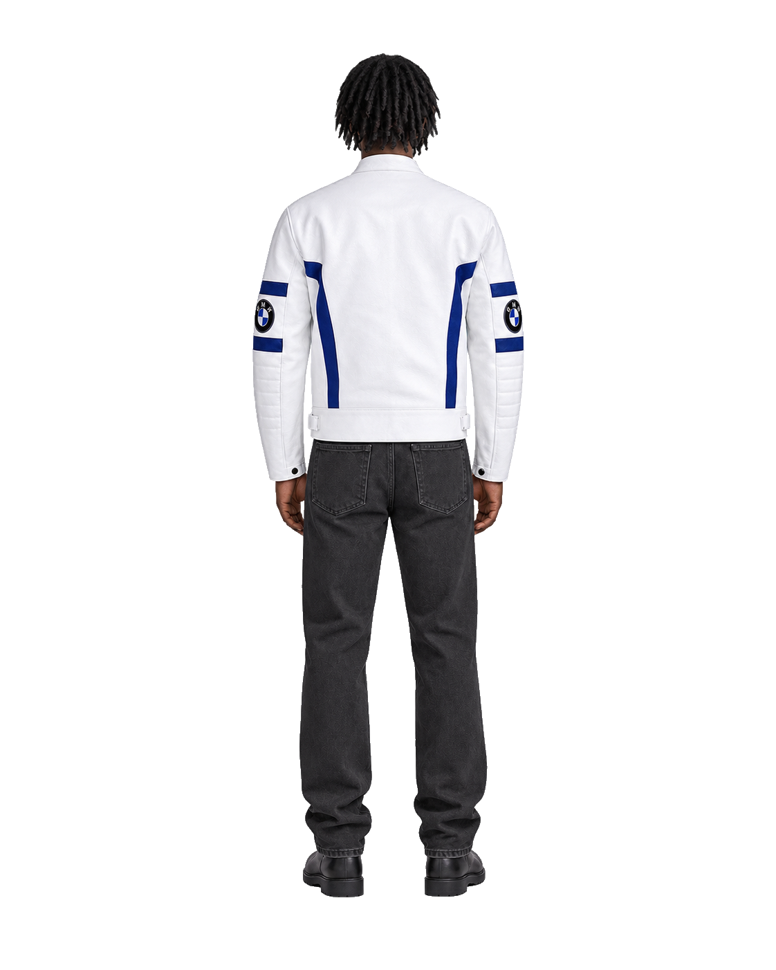 Customized Motorcycle Leather Jacket - ZMJ-025 back view on male model transparent background, centered cutout