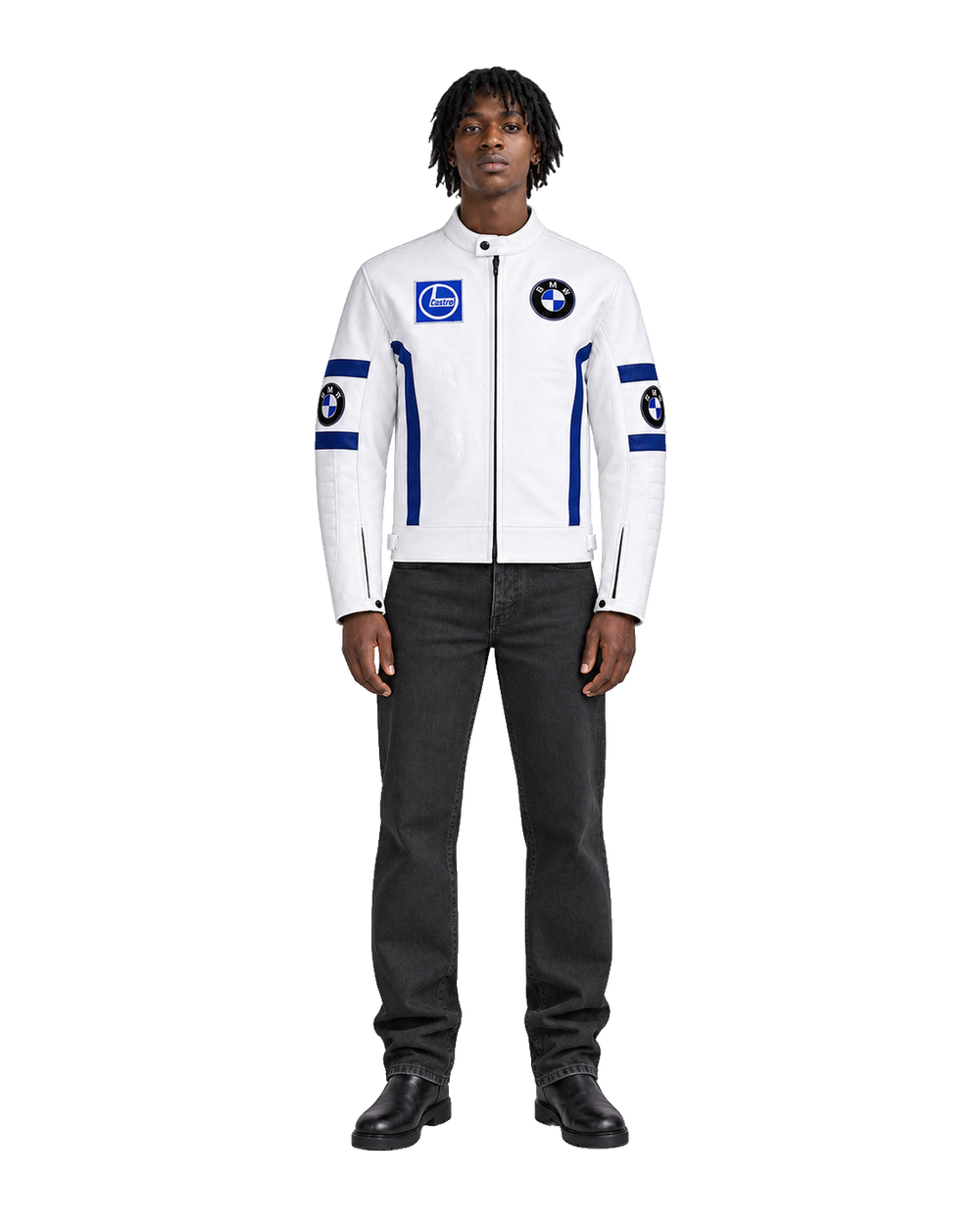Customized Motorcycle Leather Jacket - ZMJ-025 front view on male model transparent background, centered cutout