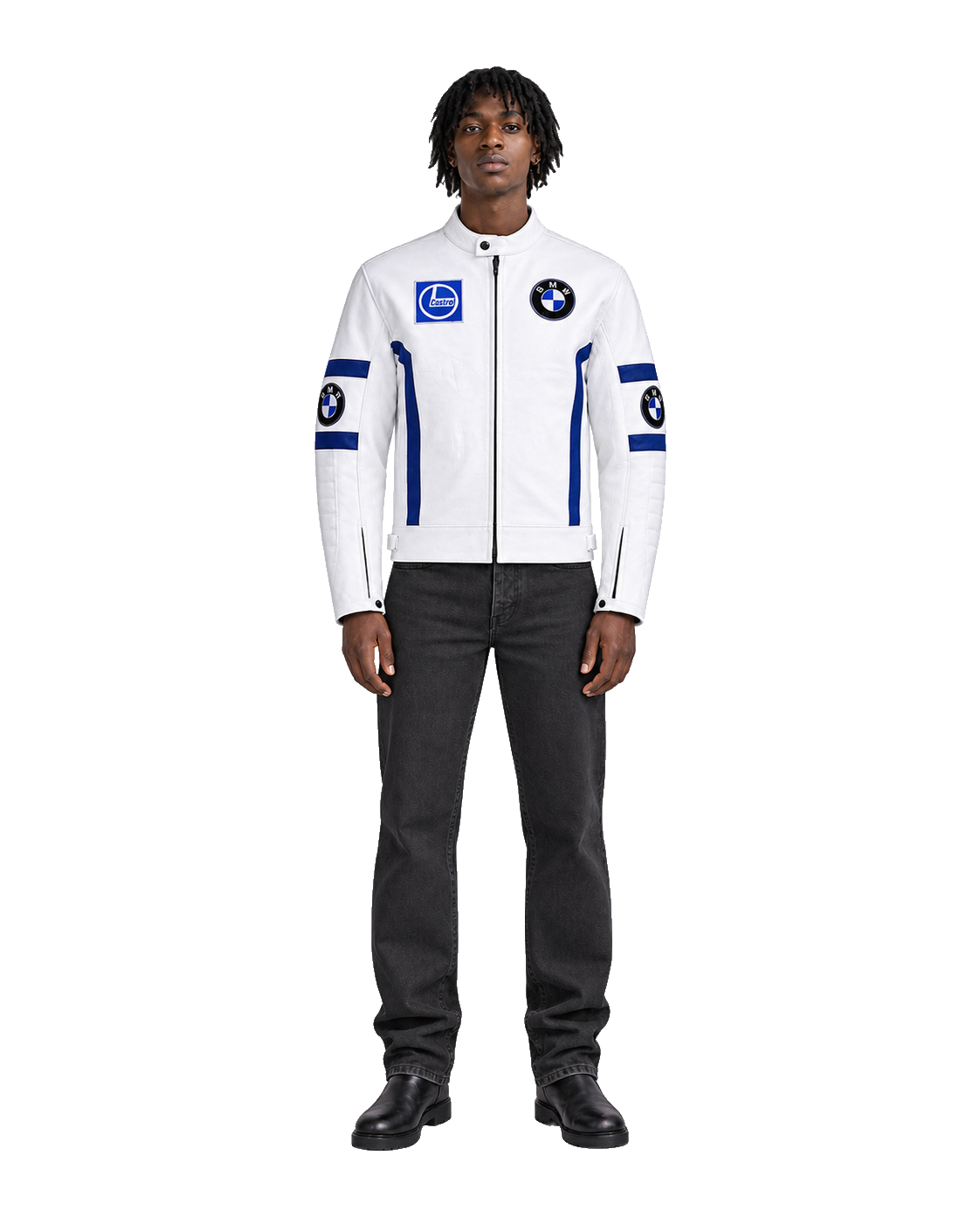 Customized Motorcycle Leather Jacket - ZMJ-025 front view on male model transparent background, centered cutout