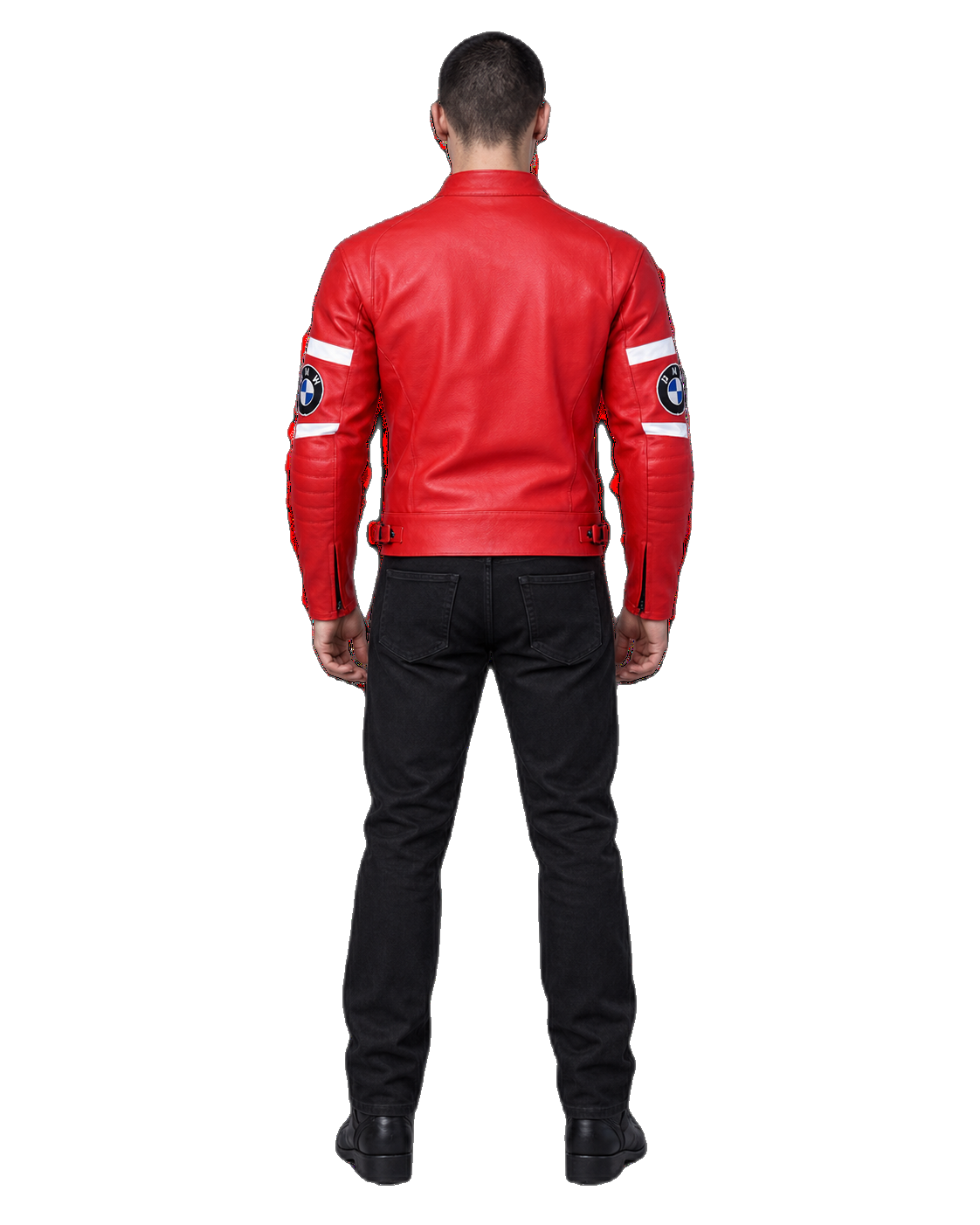 Customized Motorcycle Leather Jacket - ZMJ-026 back view on male model transparent background, centered cutout