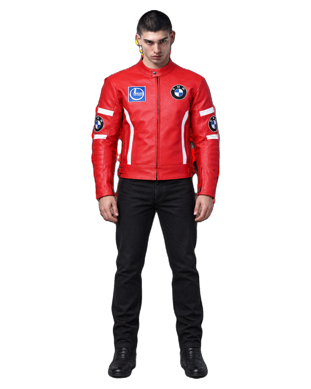 Customized Motorcycle Leather Jacket - ZMJ-026 front view on male model transparent background, centered cutout