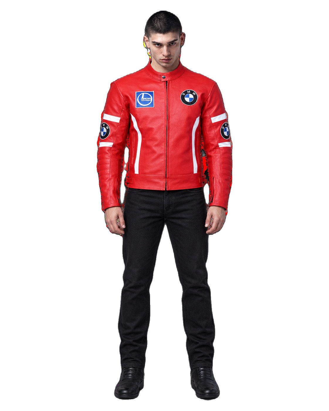 Customized Motorcycle Leather Jacket - ZMJ-026 front view on male model transparent background, centered cutout