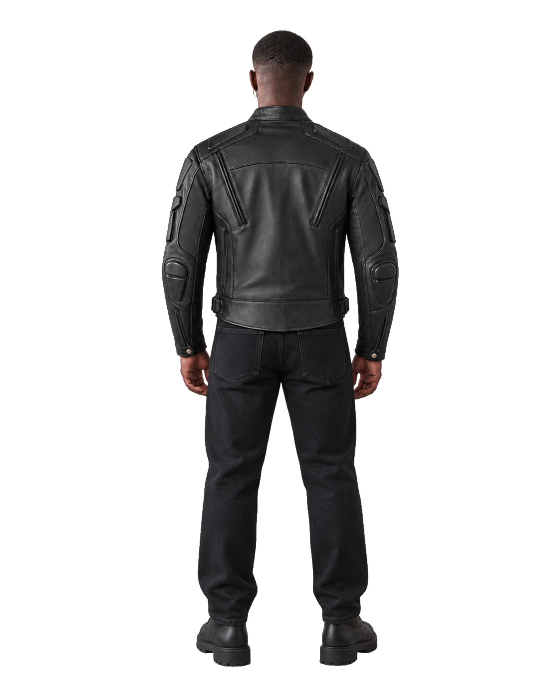 Customized Motorcycle Leather Jacket - ZMJ-027 back view on male model transparent background, centered cutout