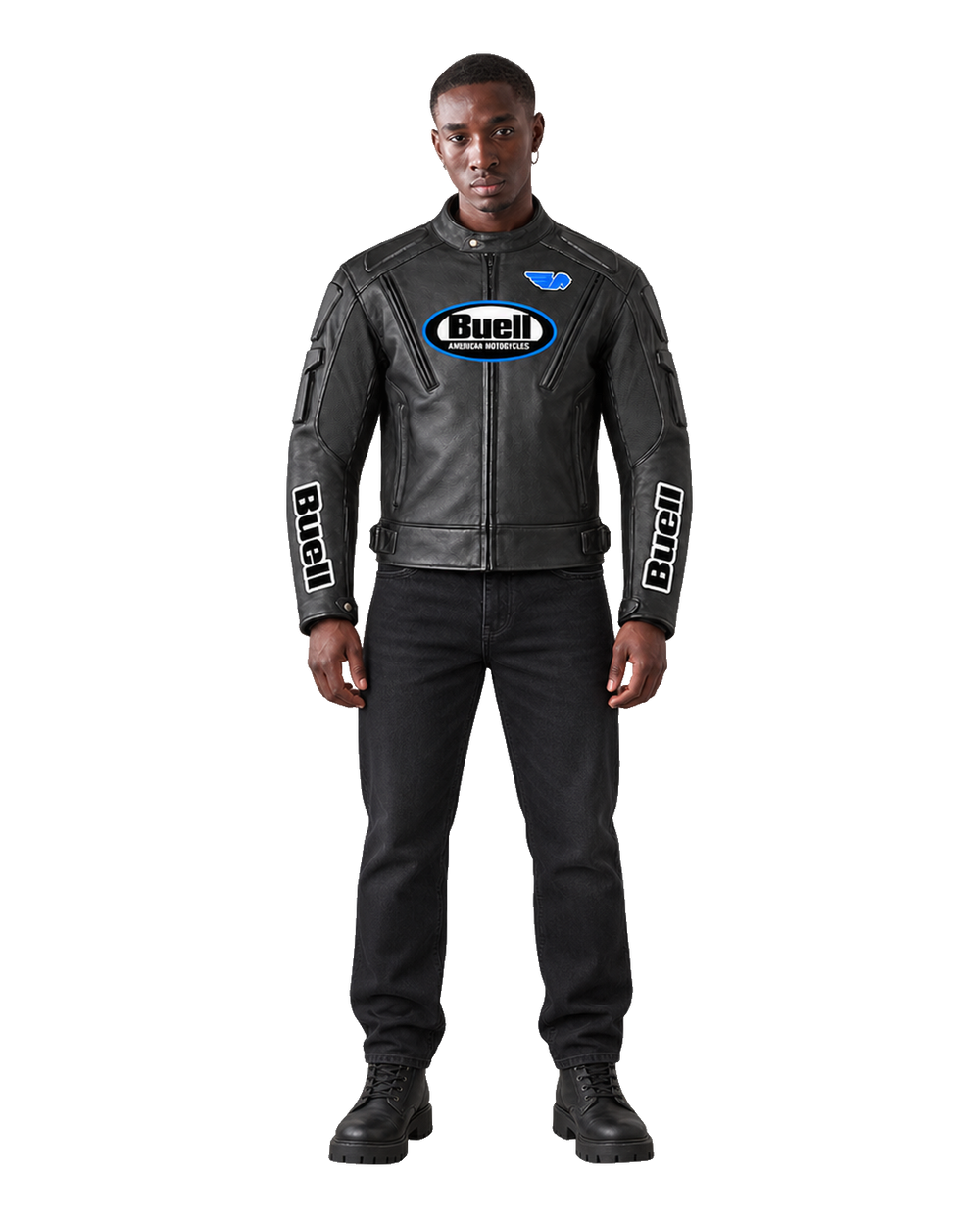 Customized Motorcycle Leather Jacket - ZMJ-027 front view on male model transparent background, centered cutout