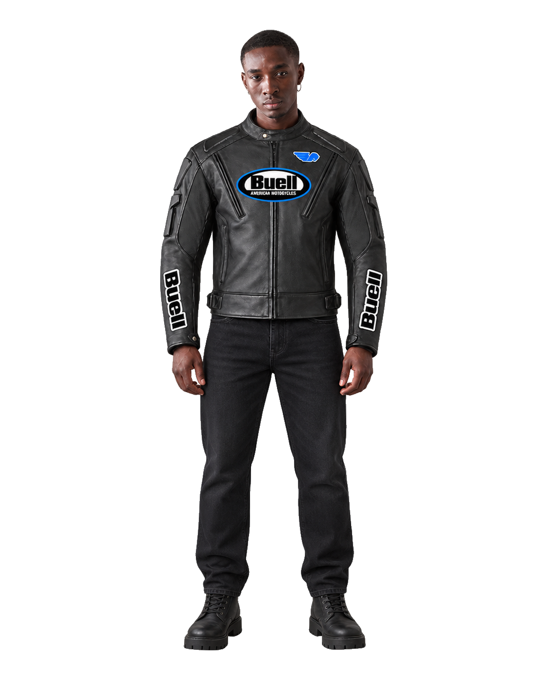 Customized Motorcycle Leather Jacket - ZMJ-027 front view on male model transparent background, centered cutout