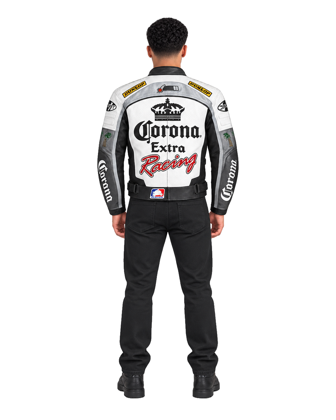 Customized Motorcycle Leather Jacket - ZMJ-028 back view on male model transparent background, centered cutout