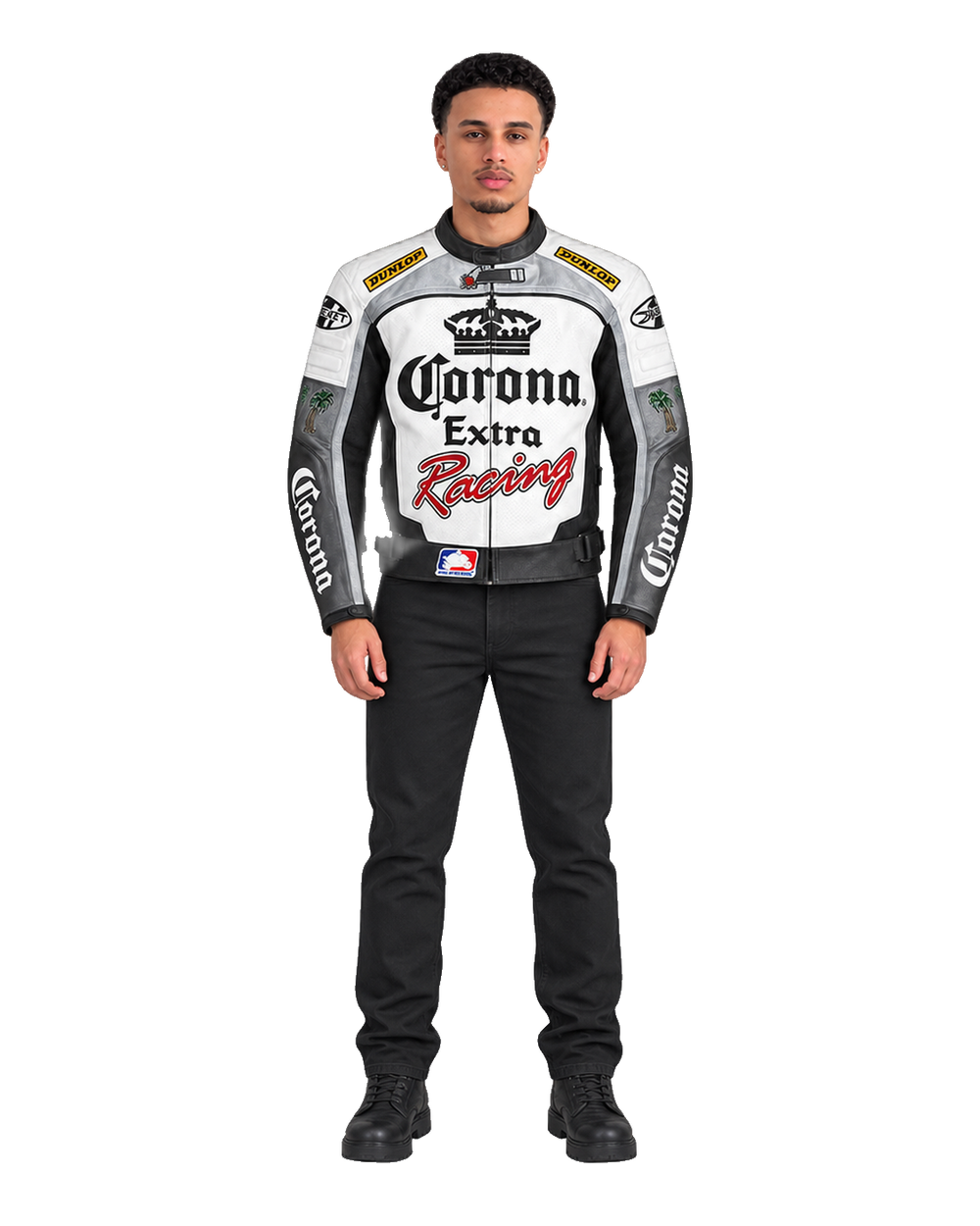 Customized Motorcycle Leather Jacket - ZMJ-028 front view on male model transparent background, centered cutout