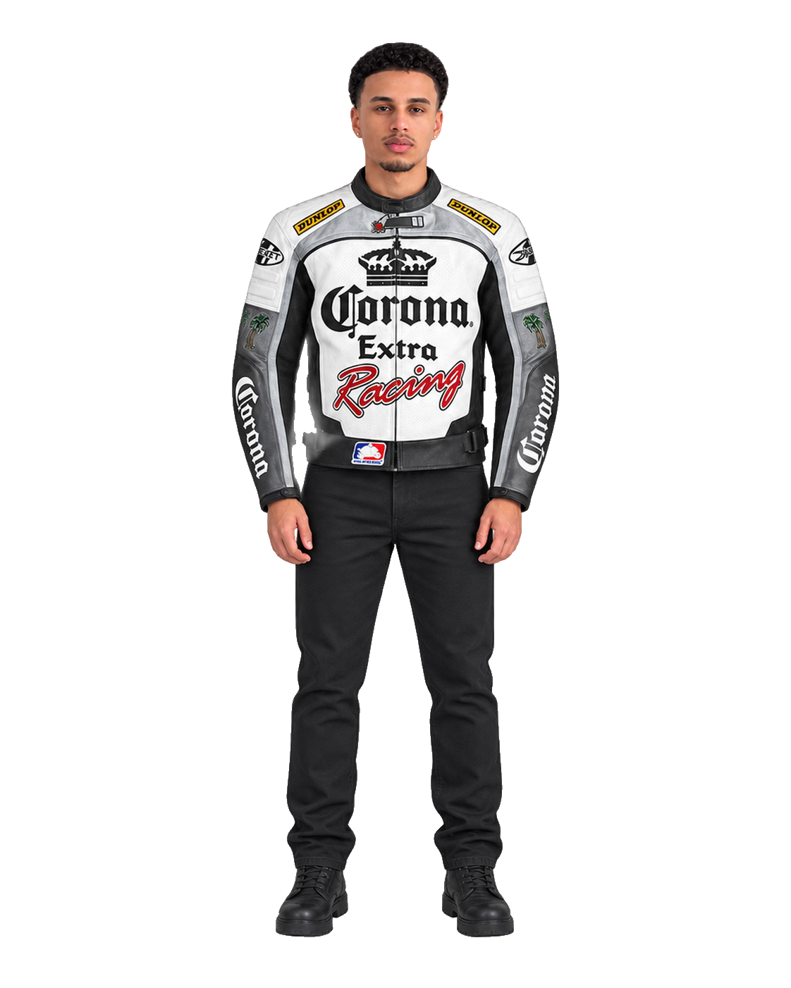 Customized Motorcycle Leather Jacket - ZMJ-028 front view on male model transparent background, centered cutout