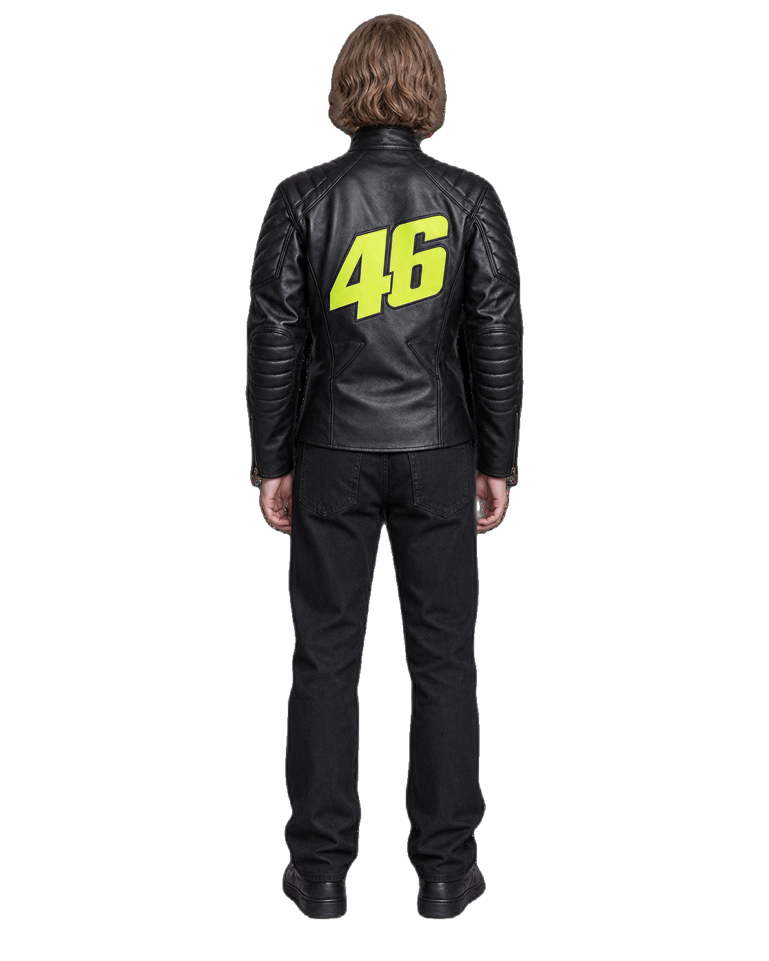 Customized Motorcycle Leather Jacket - ZMJ-029 back view on male model transparent background, centered cutout