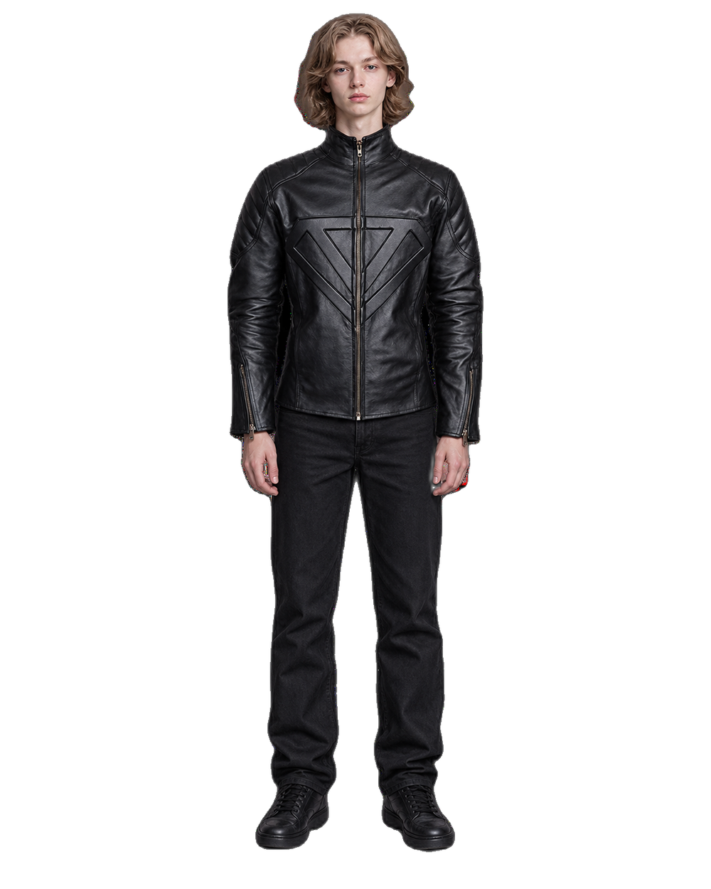 Customized Motorcycle Leather Jacket - ZMJ-029 front view on male model transparent background, centered cutout