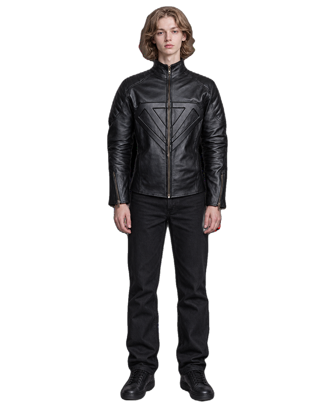 Customized Motorcycle Leather Jacket - ZMJ-029 front view on male model transparent background, centered cutout