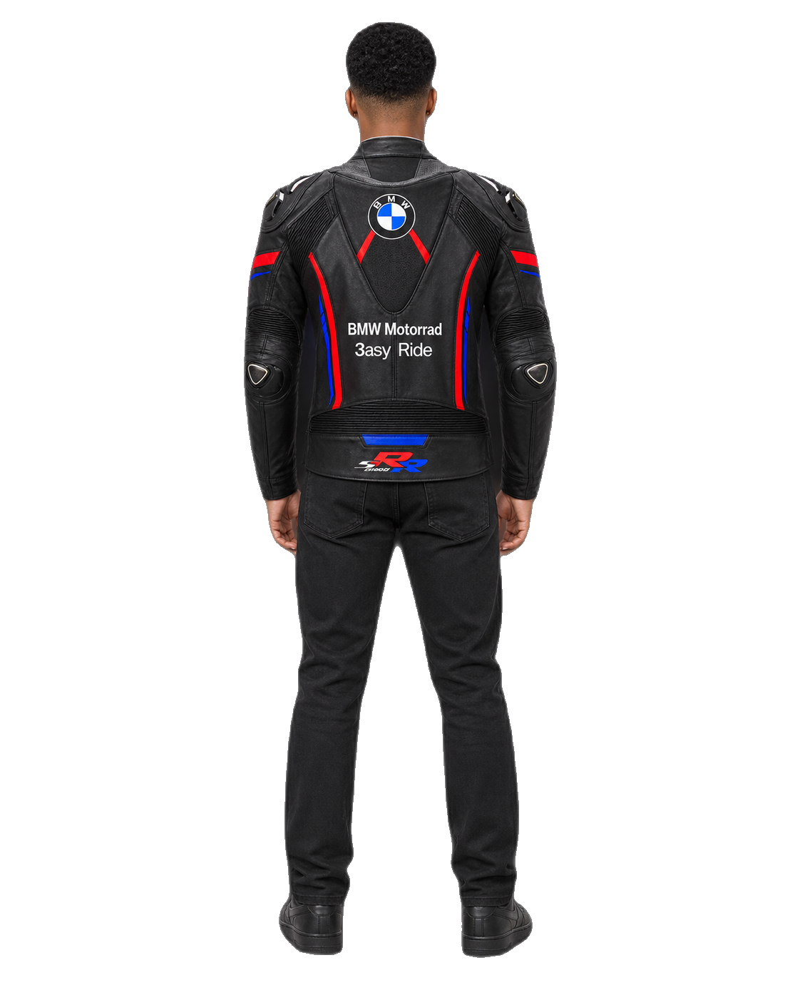 Customized Motorcycle Leather Jacket - ZMJ-030 back view on male model transparent background, centered cutout