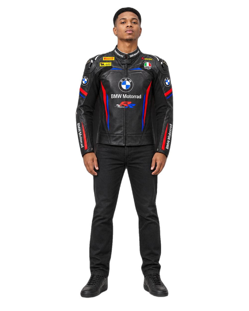 Customized Motorcycle Leather Jacket - ZMJ-030 front view on male model transparent background, centered cutout