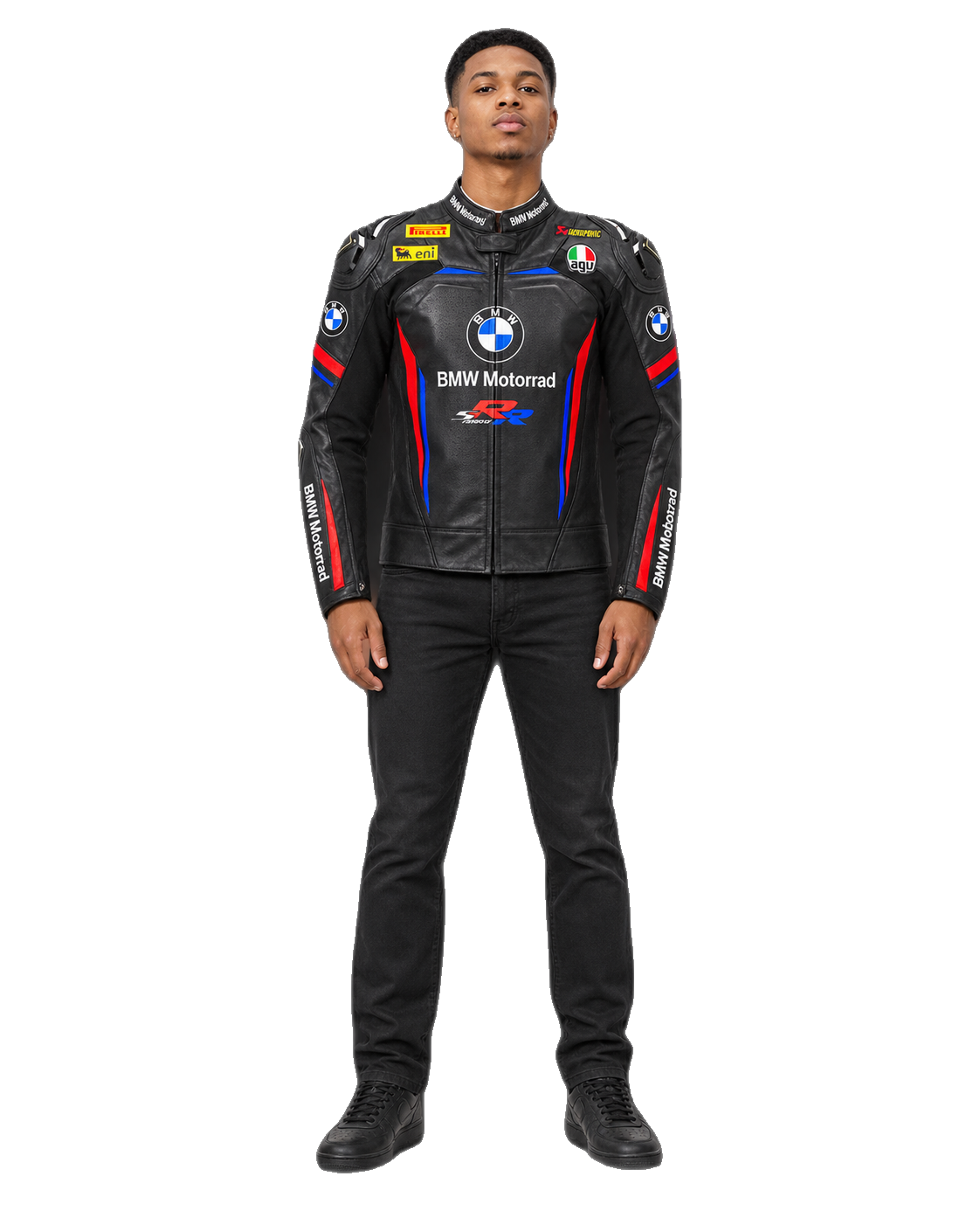 Customized Motorcycle Leather Jacket - ZMJ-030 front view on male model transparent background, centered cutout