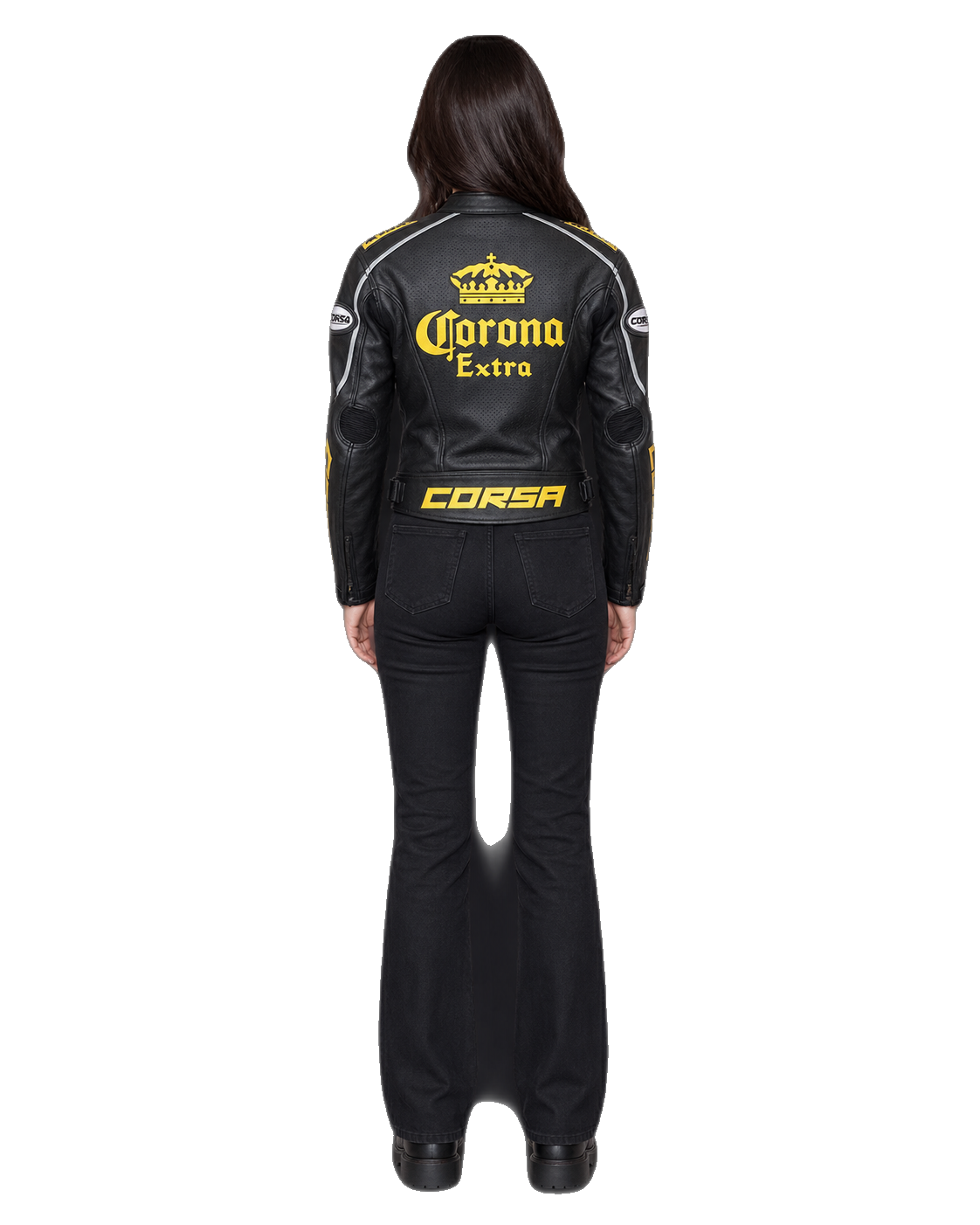 Customized Motorcycle Leather Jacket - ZMJ-031 back view on male model transparent background, centered cutout