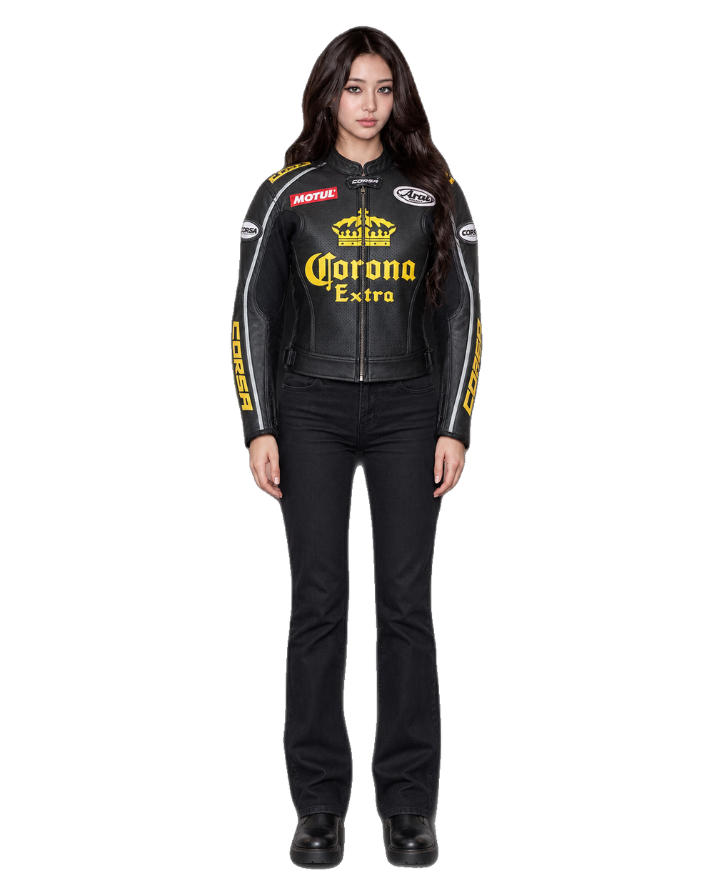Customized Motorcycle Leather Jacket - ZMJ-031 front view on male model transparent background, centered cutout