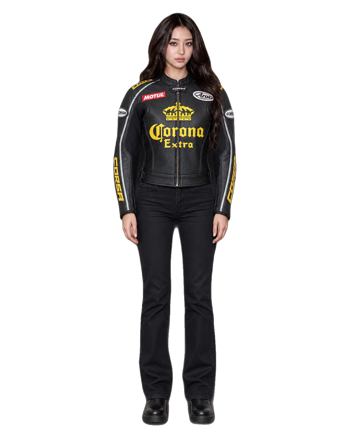 Customized Motorcycle Leather Jacket - ZMJ-031 front view on male model transparent background, centered cutout