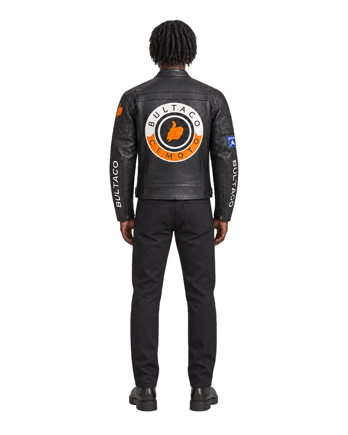 Customized Motorcycle Leather Jacket - ZMJ-032 back view on male model transparent background, centered cutout